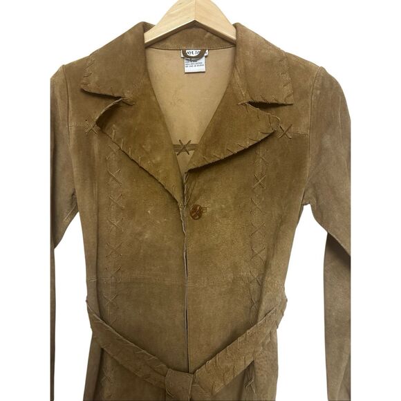 Vintage Y2K Wet Seal Leather Trench Coat Women’ Brown Suede Fringe Boho Western - Picture 3 of 5
